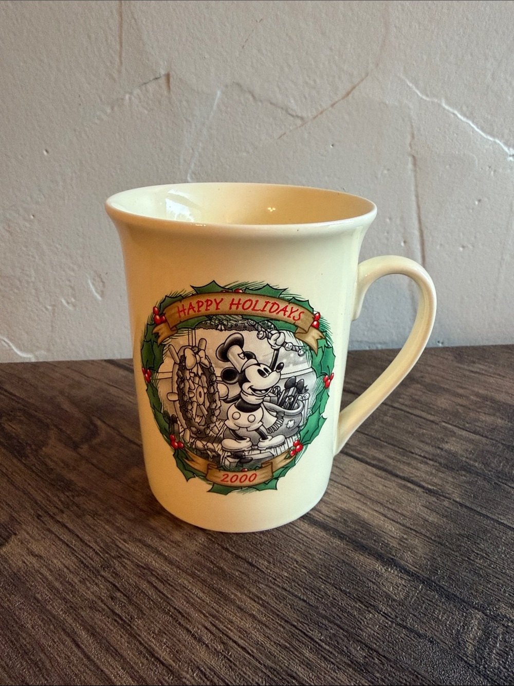 Disney Cream Holiday Mickey Mug with Steamboat Willie Vintage 2000